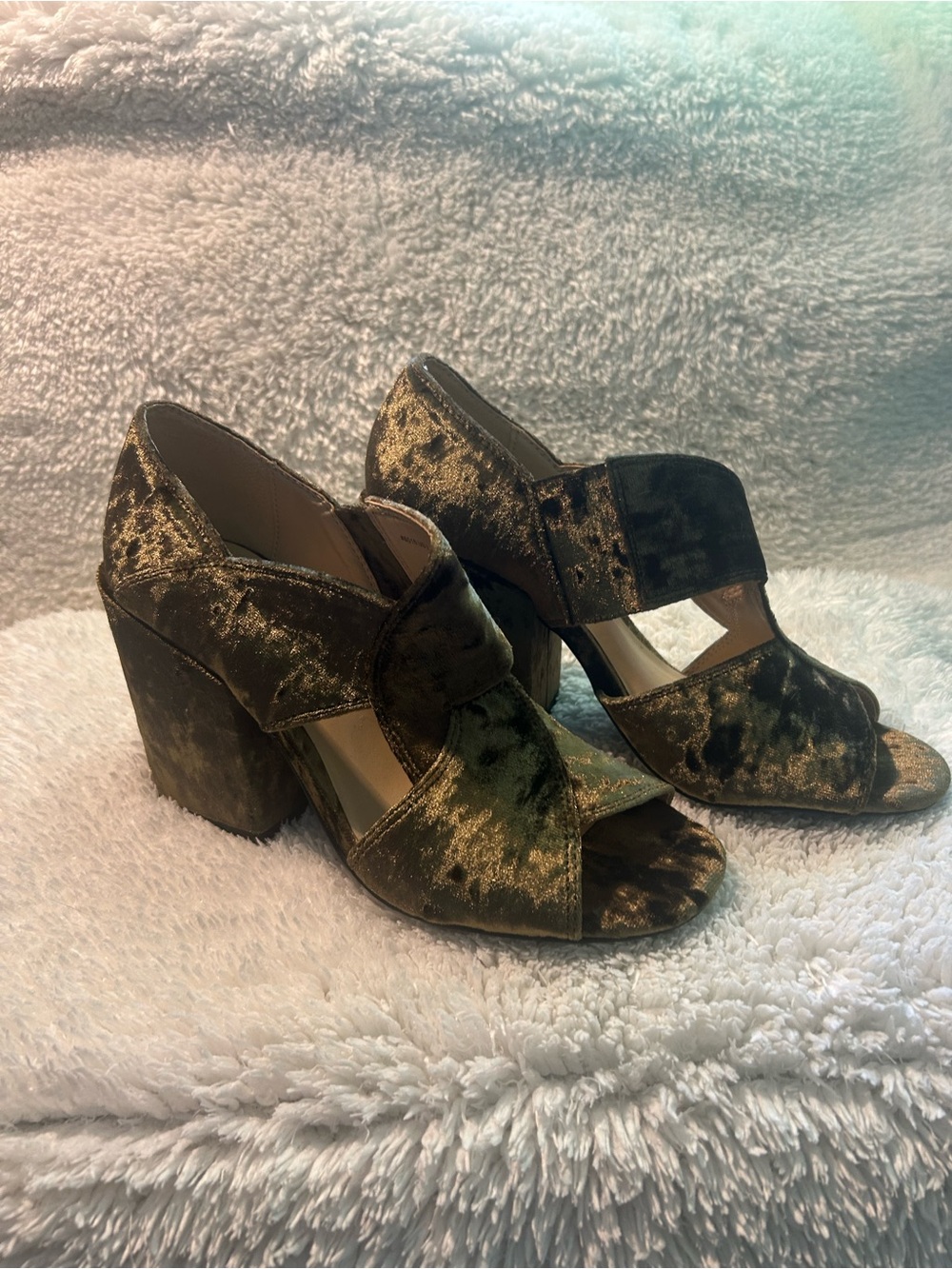 CAbi Olive Green Velvet Cutout Block Heel Sandals